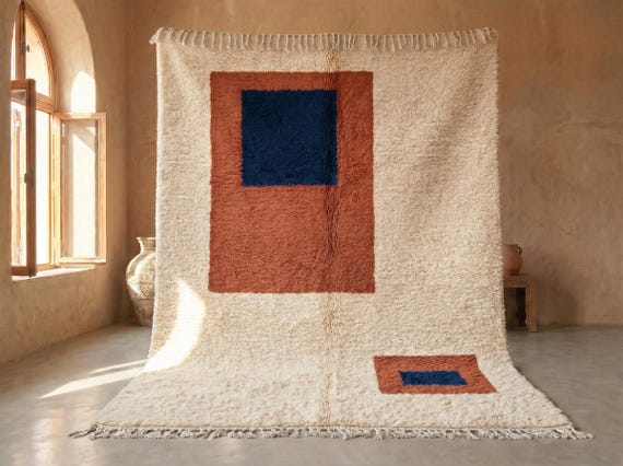 Terracotta and Indigo Blue Beni Ourain Rug - Handmade Moroccan Wool Rug - Abstract Berber Area Rug for the Living Room | Afrikesh