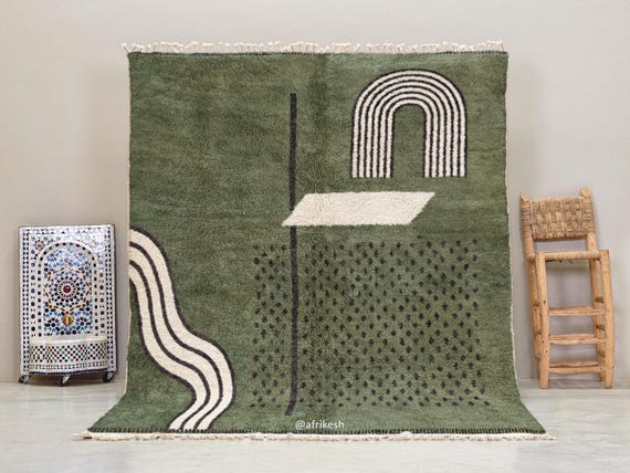 STUNNING GREEN RUG, Authentic Moroccan Rug, Handcrafted Beni Ourain Rug, Natural Wool Rug, Berber Area Carpet, Rectangular White Dot Design.