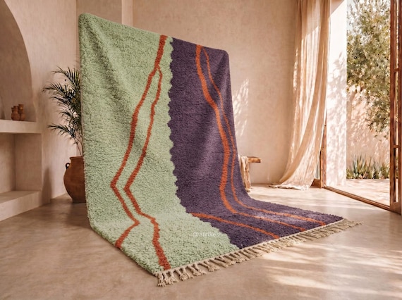 Custom Handwoven Moroccan Rug – Sage green Aubergine terracota organic Shaggy Wool Area Rug