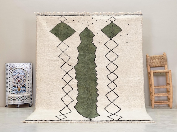 BERBER CARPET, White & Green Moroccan Rug, Beni Ourain Wool Rug, Marvelous Area Rug, Geometric Pattern Beni Rug, Custom Elegance.