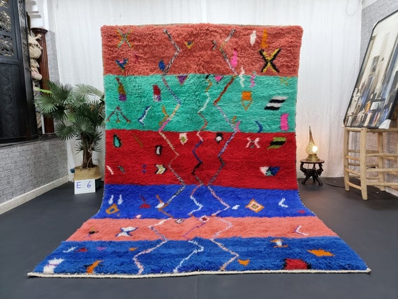 VIBRANT STRIPED RUG 6x10, Beni Ourain Moroccan Rug, Handwoven Colorful Wool Carpet, Traditional Red & Blue Area Rug, Berber Motifs Rug,