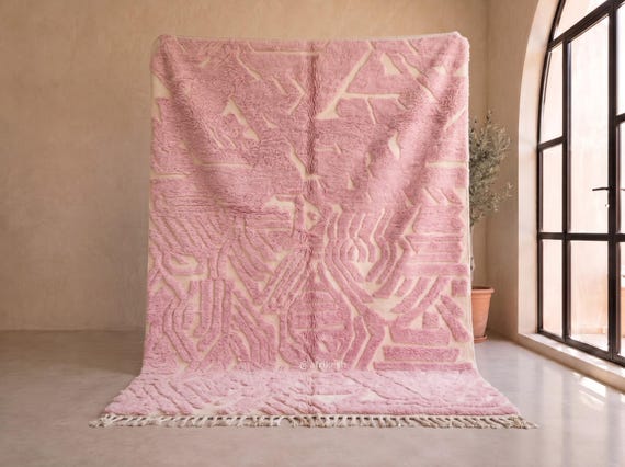 Carved Pink and Ivory Beni Ourain Rug - Hand Tufted Moroccan Wool Berber Rug with Geometric Pattern for Bedroom | Afrikesh