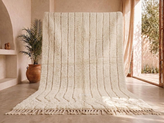 Handmade Ivory Beni Ourain Rug – Tonal Carved Stripe Wool Berber Area Rug