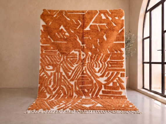 Orange and Ivory Abstract Beni Ourain Rug - Hand Tufted Moroccan Wool Berber Rug with Maze Pattern for Living Room | Afrikesh