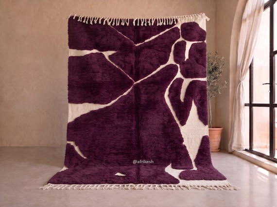 Modern Burgundy Beni Ourain Rug - Handmade Moroccan Wool Rug - Abstract Shaggy Berber Area Rug for Living Room or Bedroom | Afrikesh