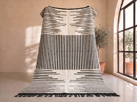 Flatweave Black and White Kilim Rug - Handmade Moroccan Wool Rug - Bold Vertical Stripe Berber Area Rug for Living Room | Afrikesh