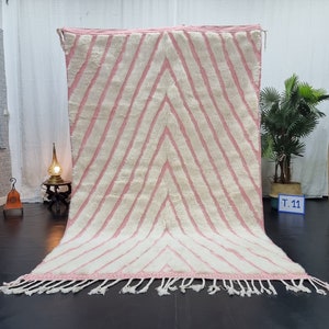 BENI OURAIN RUG, Handmade Moroccan Rug, Light Pink Rug, Berber Carpet, Striped Beni Rug, Custom Rug for Dining Room, Pretty Area Rug