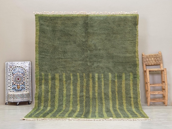 STRIPED BERBER CARPET, Handmade Beni Ourain Rug, Soft Shaggy Moroccan Rug, Green Wool Foor Rug, Custom Sizes Available.