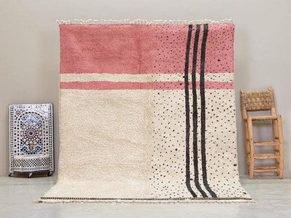 PINK WOOL RUG, Custom Size Beni Ourain Design, Striped White Moroccan Rug, Stylish Berber Carpet with Black Dots, Handmade Blush Area Rug.
