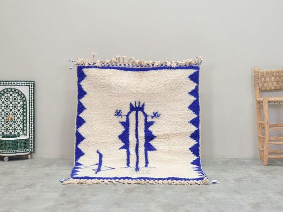 BLUE TRIBAL RUG 4x6, Authentic Moroccan Beni Ourain Rug, Handmade Organic Wool Rug, Abstract Berber Carpet, White Background Area Rug.