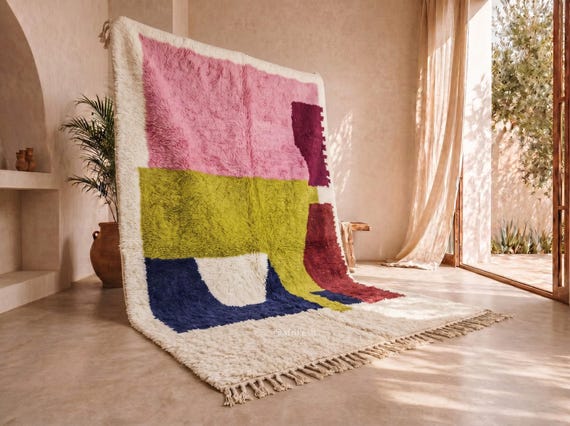 Vibrant Beni Ourain Rug – Hand-Knotted Moroccan Wool, High PileGreen dusty pink Living Room Carpet