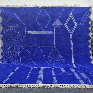 CUSTOM BENIOURAIN CARPET, Moroccan Handmade Rug, Royal Blue And White Rug, Abstract Rug,Handmade Wool Carpet,Azilal Berber Rug,Handwoven Rug image 1