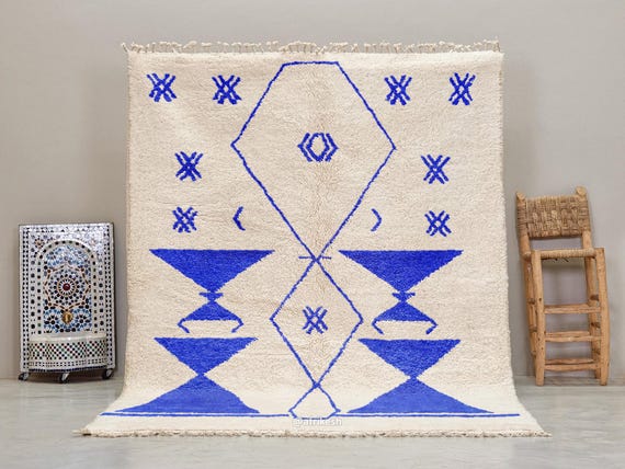 ROYAL BLUE RUG, Geometric Moroccan Rug, Custom Beni Ourain Rug, Handcrafted Berber Carpet, White Background Area Rug, Modern Wool Rug.