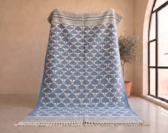 Handmade Kilim Rug: Blue & White Berber Wool Rug