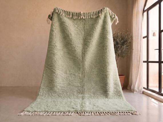 Sage Green Beni Ourain Rug - Handmade Moroccan Wool Rug - Solid High Pile Berber Area Rug for Living Room | Afrikesh