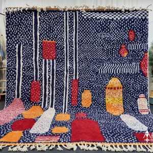 Personalized  BENI OURAIN RUG, Moroccan Berber Rug, Unique Navy Blue & Red Rug, Handmade Funky Dotted Rug, Chic Wool Area Rug, Boho Rug..