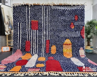Personalized  BENI OURAIN RUG, Moroccan Berber Rug, Unique Navy Blue & Red Rug, Handmade Funky Dotted Rug, Chic Wool Area Rug, Boho Rug..