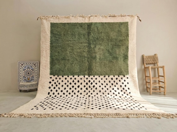 Handmade Green Beni Ourain Rug: Moroccan Berber Wool Carpet