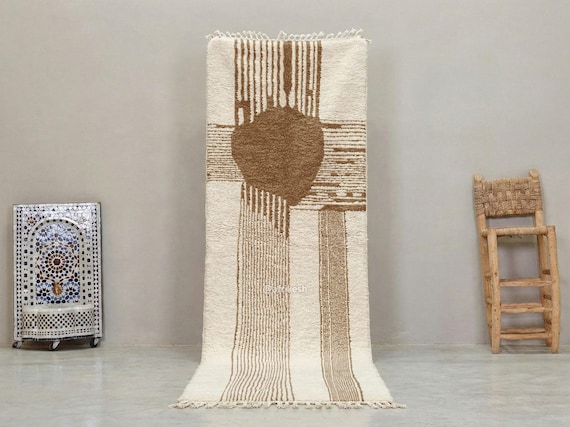 MODERN RUNNER RUG, Custom Moroccan Rug, Handwoven Wool Carpet, White & Brown Berber Rug, Striped Beni Ourain Runner, Neutral Hallway Decor.