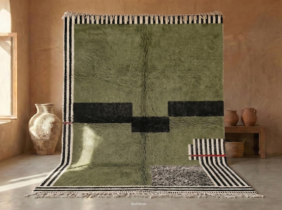 GREEN HANDMADE RUG, Moroccan Living Room Rug, Beni Ourain Berber Carpet, Modern Striped Design, Personalized Organic Wool Rug.