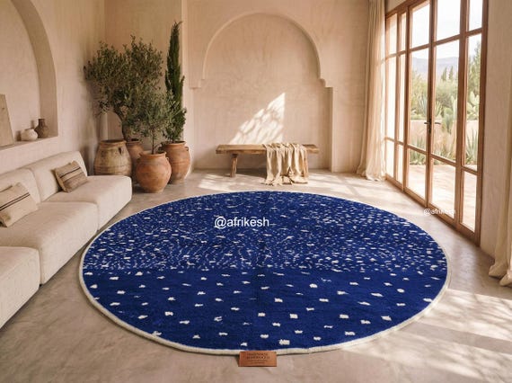 Deep Navy Blue Beni Ourain Rug - Round Handmade Moroccan Wool Rug - High Pile Berber Area Rug for Living Room | Afrikesh