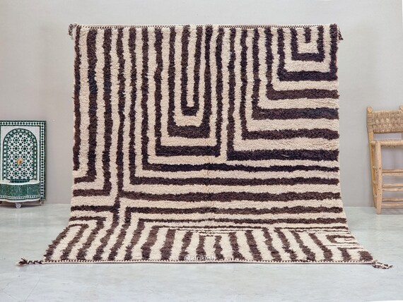 LARGE STRIPED RUG 8x10, Shaggy Berber Carpet, Brown and Cream Moroccan Rug, Handcrafted Wool Rug, Authentic Beni Ourain Rug, Soft & Stylish.