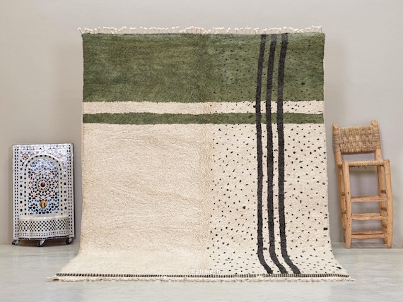 CONTEMPORARY AREA RUG, Handwoven Berber Carpet, Green & White Moroccan Rug, Custom Beni Ourain Rug with Black Dots, Striped Shag Wool Rug.