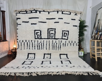 CUSTOM BENIOURAIN RUG, Moroccan Handmade Rug, Abstract Wool Rug, Berber Rug, White And Black Rug, Handwoven Rug, Handmade Sheep Wool Rug