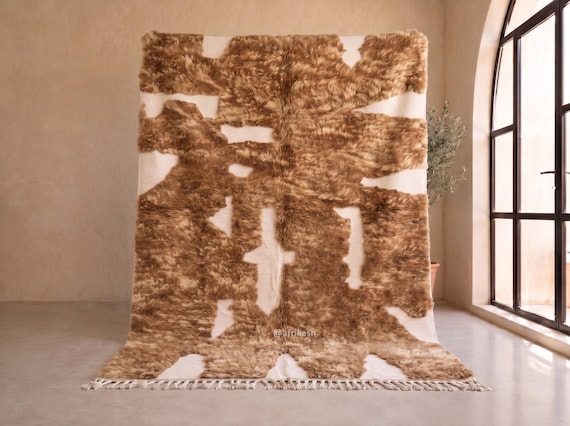 BENI OURAIN RUG, Moroccan Shag Rug, Custom Made Wool Rug, Tufted Brown Rug, Berber Carpet, Unique Dining Room Rug.