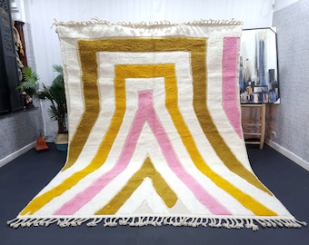 BEAUTIFUL BENIOURAIN RUG, Moroccan  Rug, Pink and Yellow Rug ,Striped  Handmade Rug ,Wool of Sheep Rug, Custom Carpet, Berber rug , Area Rug