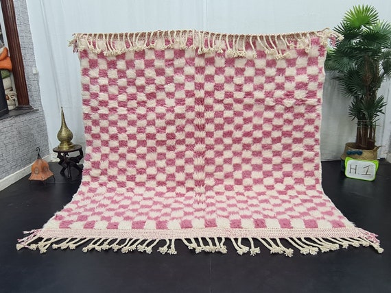 Gorgeous Beni Ourain Rug, Moroccan Handmade Carpet, Pink and White Rug, Sheep Wool Rug, Berber Rug, Checkered Rug, Berber Rug, Handmade Rug