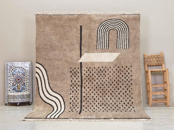 EXQUISITE BERBER RUG, Artisan Woven Moroccan Rug, Plush Wool Carpet, Abstract Beni Ourain Rug, Beige & White Dotted Rug, Scandinavian Decor