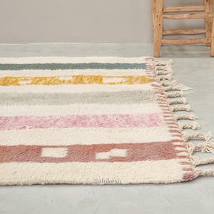 BERBER CARPET, Handmade Beni Ourain Rug, White Moroccan Rug, Custom Made Wool Rug, Striped Area Rug, Shaggy & Colored Floor Covering- Afrikesh Rug - Two Side Fringes.