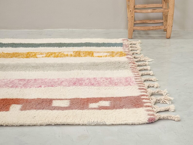BERBER CARPET, Handmade Beni Ourain Rug, White Moroccan Rug, Custom Made Wool Rug, Striped Area Rug, Shaggy & Colored Floor Covering- Afrikesh Rug - Two Side Fringes.