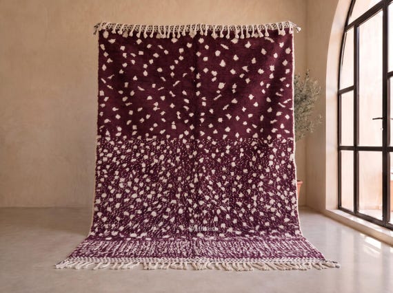 Moroccan Burgundy & Ivory Rug - Handmade Beni Ourain Wool Rug - Shaggy Berber Dotted Area Rug | Afrikesh