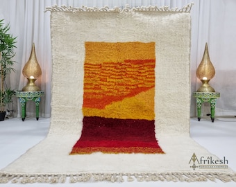 BEAUTIFUL MOROCCAN RUG, Custom Beniourain Rug, Ivory and Mustard Rug, Handwoven Berber Rug, Abstract Sheep Wool Carpet, Handmade Area Rug.