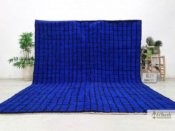 PRETTY BERBER CARPET, Handmade Moroccan Rug, Grid Beni Ourain Rug, Royal Blue & Black Wool Rug, Shaggy Custom Area Rug, Home Depot Rugs.