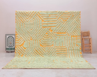 Alfombra marroquí de lana hecha a mano - Alfombra Beni Ourain verde salvia y mostaza - Alfombra bereber abstracta con diseño de laberinto