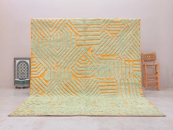 HAND TUFTED RUG, Custom Beni Ourain Rug, High-Quality Wool Rug, Woven Moroccan Rug, Modern Shag Carpet, Sage Green & Mustard Berber Carpet.
