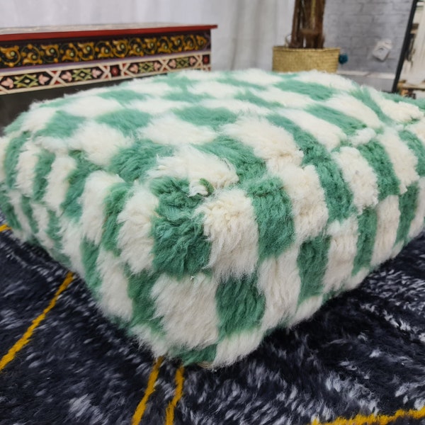 BENIOURAIN FLOOR PILLOW, Wool Floor Cushion, Moroccan Pouf Refashioned From Hand Woven Rug, Checkered Aqua Green Pouf, Authentic Berber Pouf