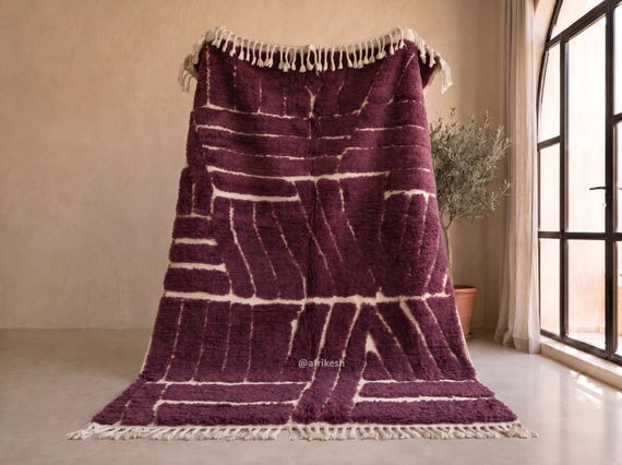 Burgundy Purple Beni Ourain Rug - Handmade Moroccan Wool Rug - Ivory Line Detail Tufted Berber Area Rug for Living Room | Afrikesh