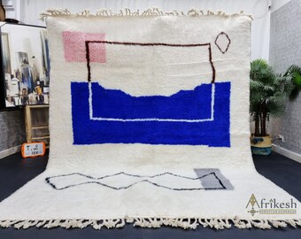 BEAUTIFUL BENIOURAIN RUG, Custom Moroccan Rug, White and Blue Rug, Abstract Rug, Berber Handmade Rug, Handwoven Sheep Wool Rug, Area Rug.