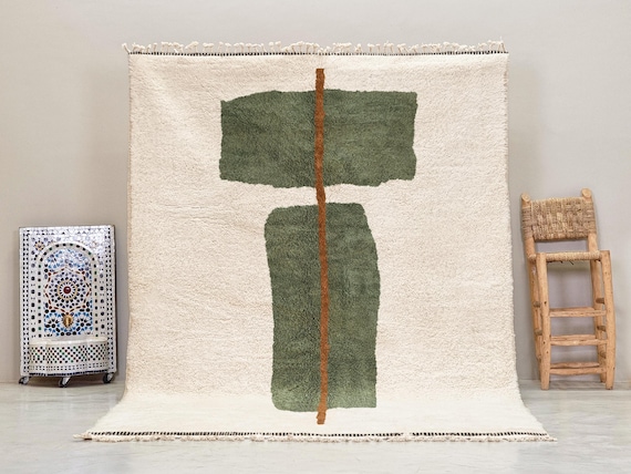 Handwoven Beni Ourain Wool Rug: Abstract Green & White Berber Carpet