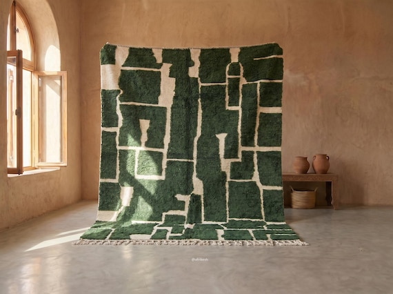SHAG CARPET, Beni Ourain Moroccan Rug, Custom Wool Rug, Hand Tufted Green Rug, Berber Carpet, Gorgeous Dining Room Rug.