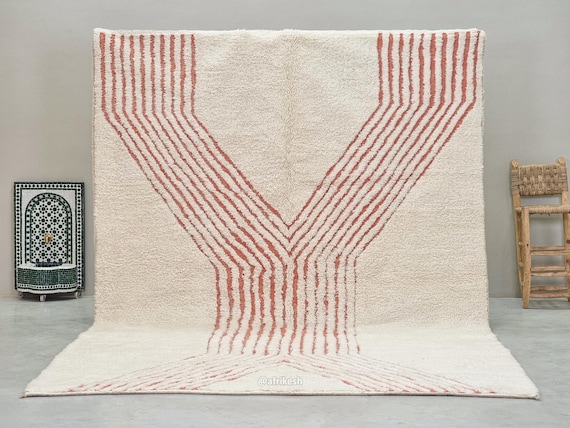 STRIPED RUG, Handmade Berber Carpet, Shaggy Moroccan Beni Ourain Rug, Unique Peach & White Wool Rug, Custom Rug for Living Room or Bedroom