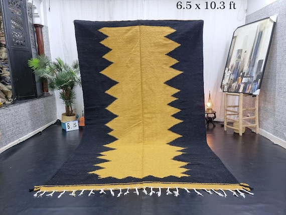 PRETTY KILIM RUG, Handmade Moroccan 6x10 Rug, Flatweave Rug, Black & Gold Rug, Geometric Rug, Dhurrie Berber Rug, Area Rug, Handwoven Rug