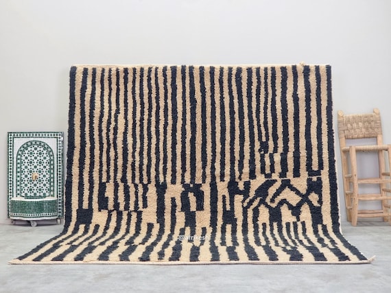 BLACK & TAN RUG 7x9, Hand-Knotted Beni Ourain Rug, Striped Moroccan Rug, Shaggy Wool Carpet, Crafted Berber Area Rug, Rectangular Beni Rug.