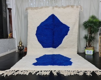 MOROCCAN WOOL CARPET, Handmade Wool Rug, Beni Ourain Rug, Moroccan Berber Rug, Blue And White Rug, Tribal Abstract Rug, Azilal Moroccan Rug