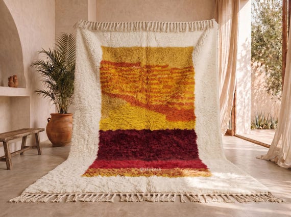 The Sunset Moroccan Beni Ourain Rug – Ivory & Gold Orange Abstract Color Block Rug, Handmade Wool Berber Area Rug for Living Room | Afrikesh