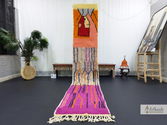 PATCHWORK DESIGN RUG, Moroccan Handmade Rug 2x11, Orange and Purple Rug, Berber Sheep Wool Rug, Runner Rug, Handwoven Beniourain Rug.